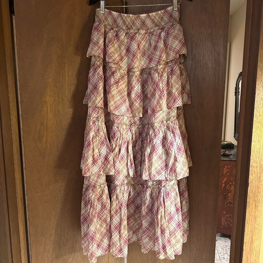 Free People Layered Tiered Maxi Long Gingham Plaid Skirt in Pink and Cream - Picture 3 of 7